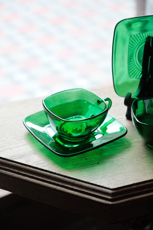 美國製• 1950s Anchor Hocking Charm Forest Green glass 杯碟(200ml)