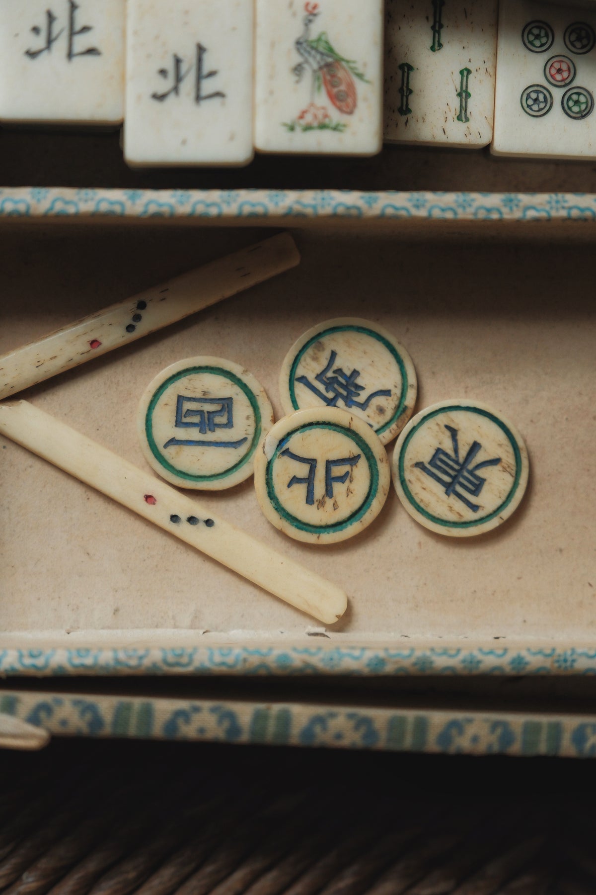 Vintage 1960s Hand-Carved Bone-and-Bamboo Mahjong Set
