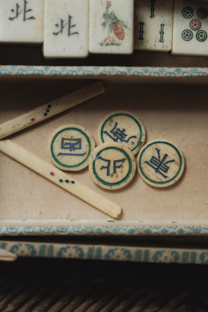 Vintage 1960s Hand-Carved Bone-and-Bamboo Mahjong Set