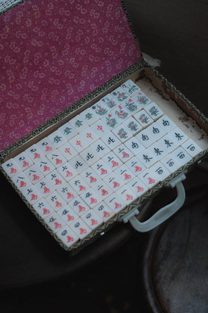 Vintage 1980s Hand-Carved Plastic and Bamboo Cantonese Mahjong Set