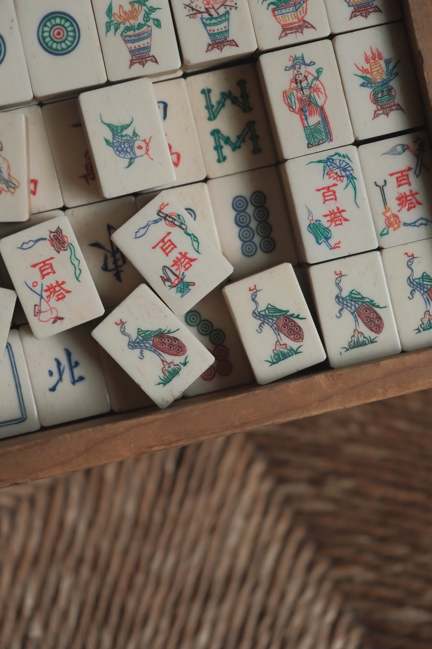 Vintage 1960s Hand-Carved Bamboo and Bone Mahjong Set