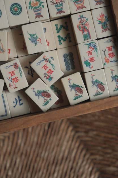 Vintage 1960s Hand-Carved Bamboo and Bone Mahjong Set