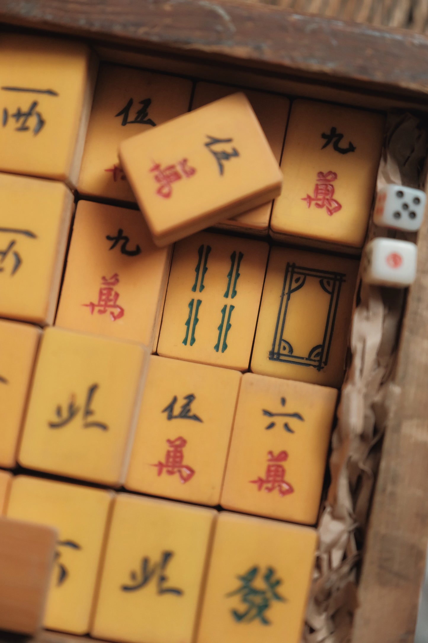 1970s Hand-Carved Celluloid and Bamboo-Backed Mahjong Set with Cat Tiles
