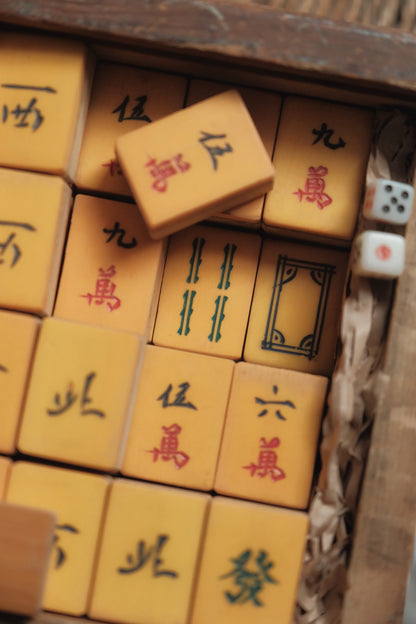 1970s Hand-Carved Celluloid and Bamboo-Backed Mahjong Set with Cat Tiles