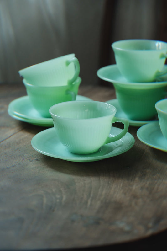 美國製·1960’s Fireking jane ray jadeite 杯碟(220ml)