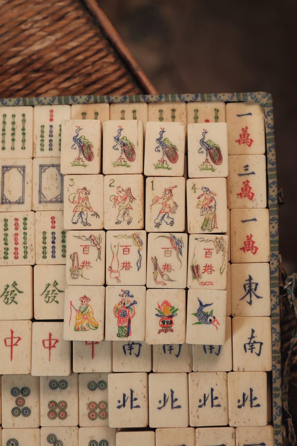 Vintage 1960s Hand-Carved Unique Iconography Flower Tiles Bone & Bamboo Mahjong