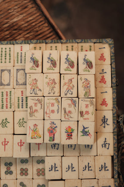 Vintage 1960s Hand-Carved Unique Iconography Flower Tiles Bone & Bamboo Mahjong