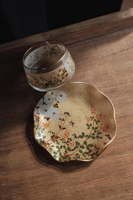 日本製•昭和光琳繪花鳥冷茶杯連碟(220ml)