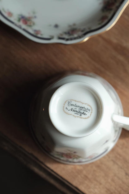 日本製Noritake則武浮雕繪花細瓷描金杯連碟（180ml）